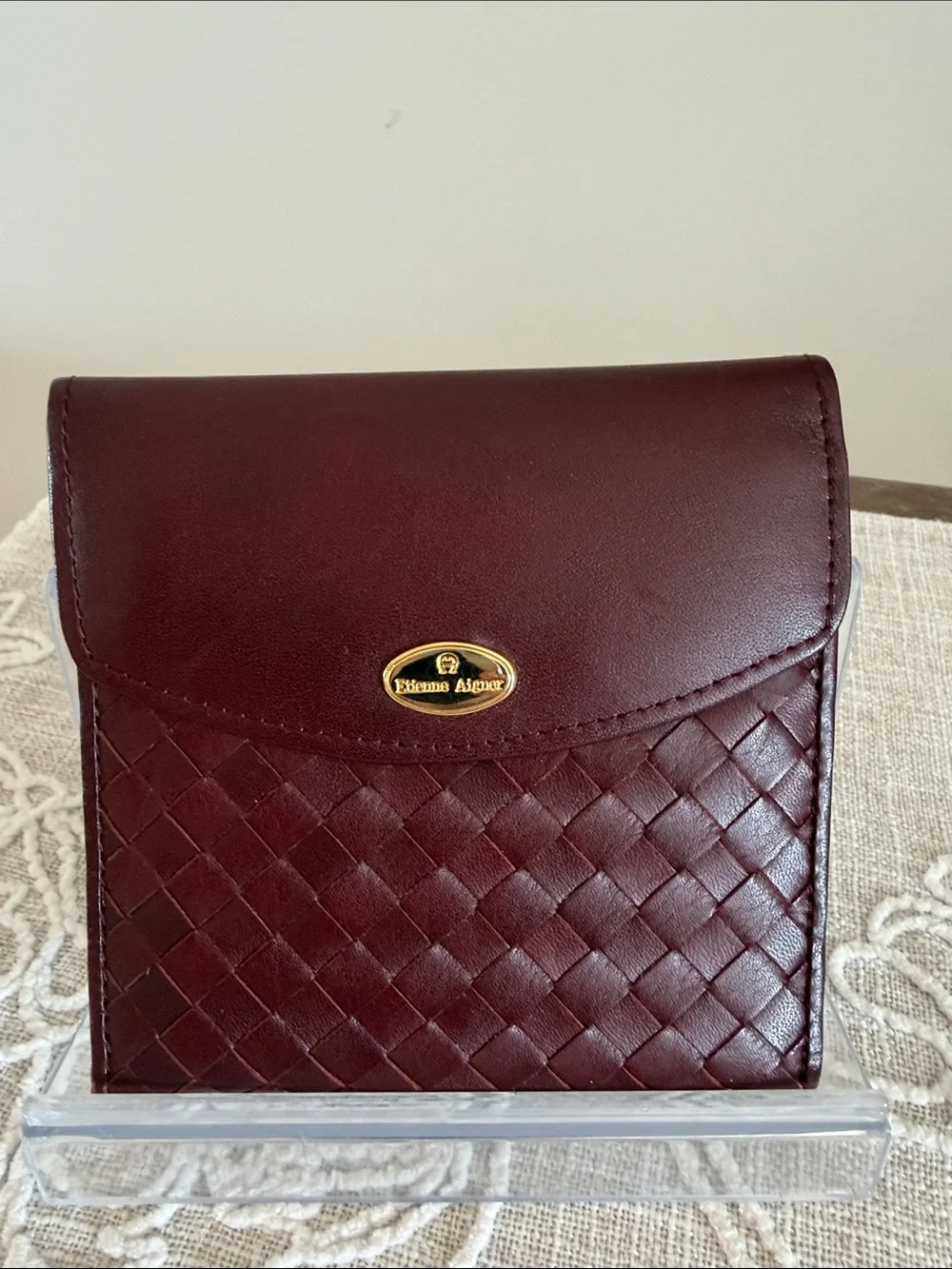 Etienna Aigner Vintage Brown/Burgundy Woven Soft Leather Bifold Wallet